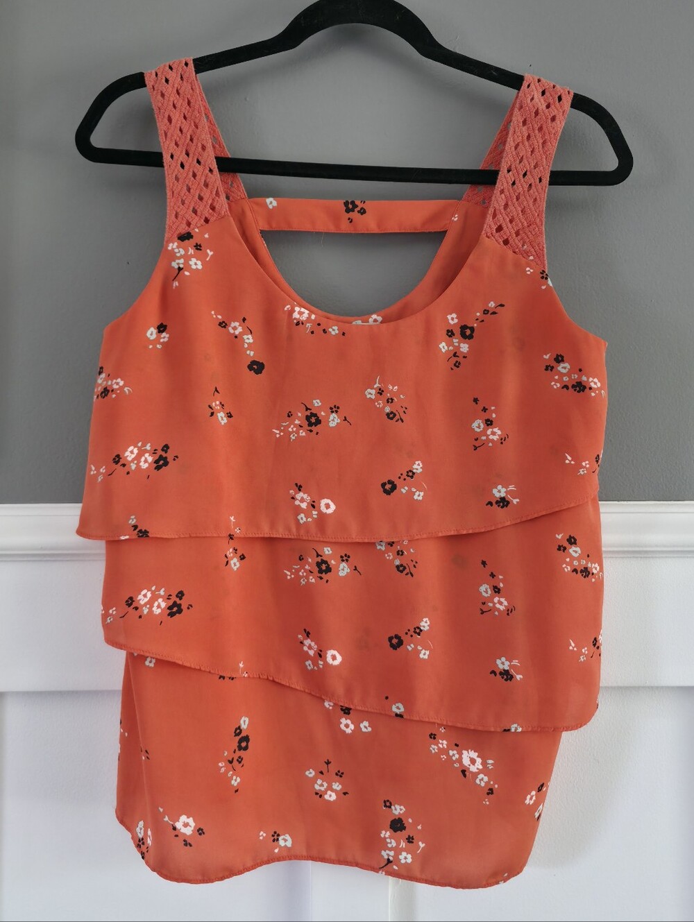 Smart Set Coral Floral Tiered Layered Tank Top - Crochet Straps, Size S